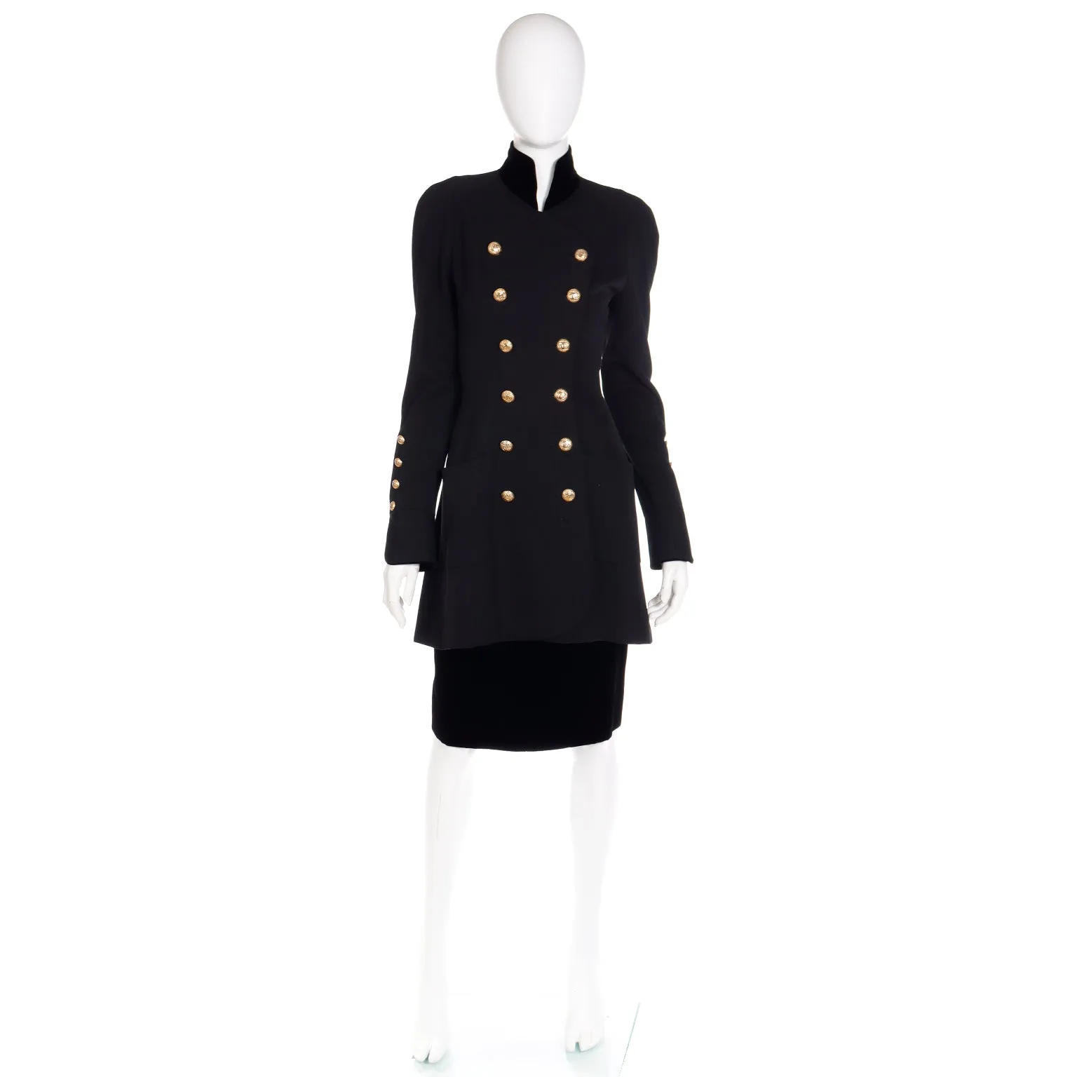 1989 Chanel Military Style Wool & Velvet Jacket Skirt Suit w CC Buttons