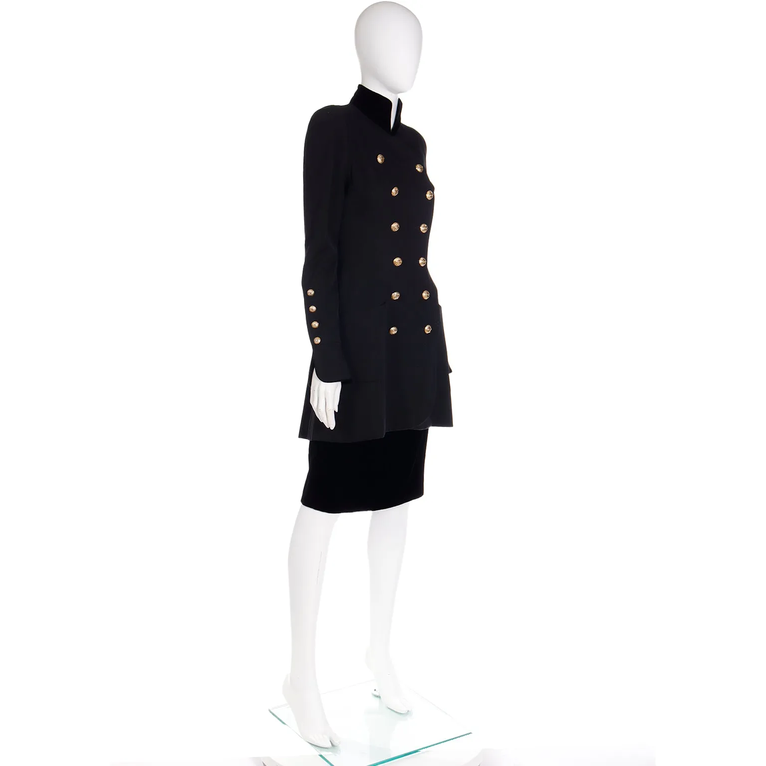 1989 Chanel Military Style Wool & Velvet Jacket Skirt Suit w CC Buttons