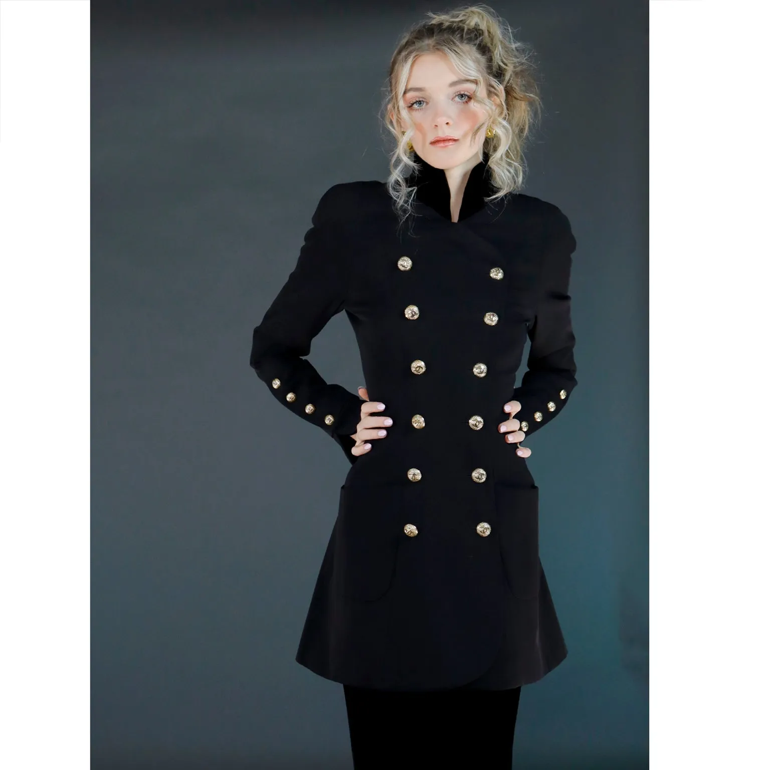 1989 Chanel Military Style Wool & Velvet Jacket Skirt Suit w CC Buttons