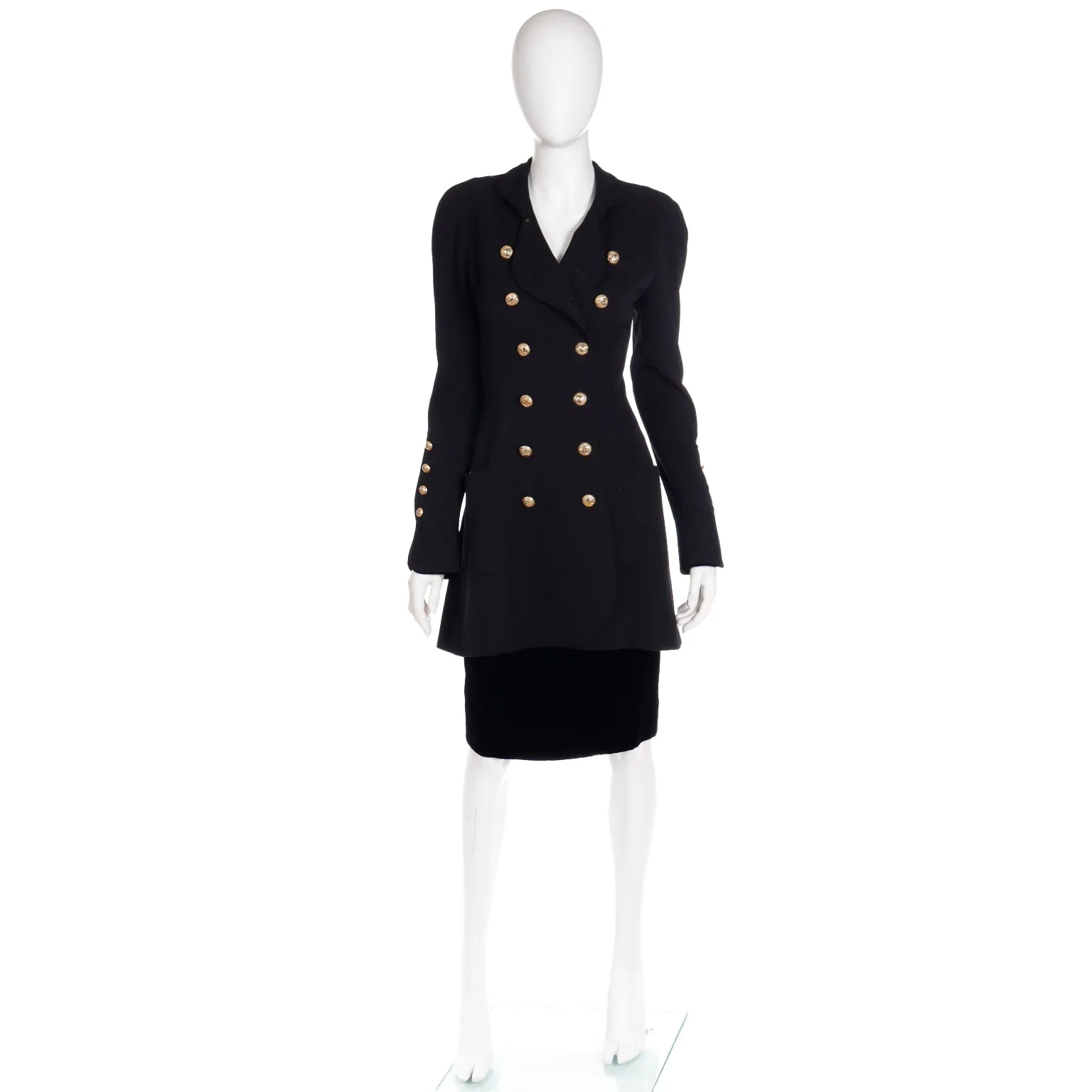 1989 Chanel Military Style Wool & Velvet Jacket Skirt Suit w CC Buttons