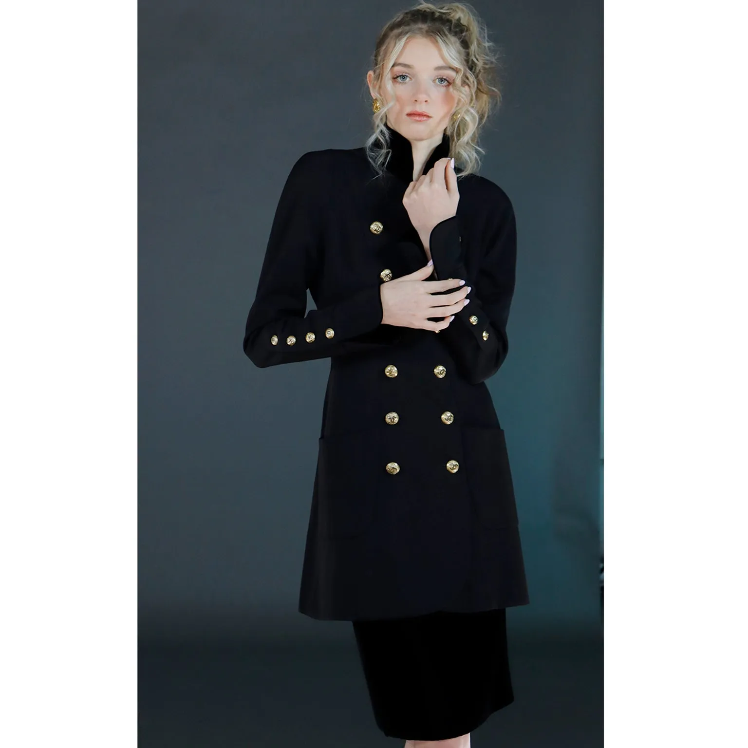 1989 Chanel Military Style Wool & Velvet Jacket Skirt Suit w CC Buttons