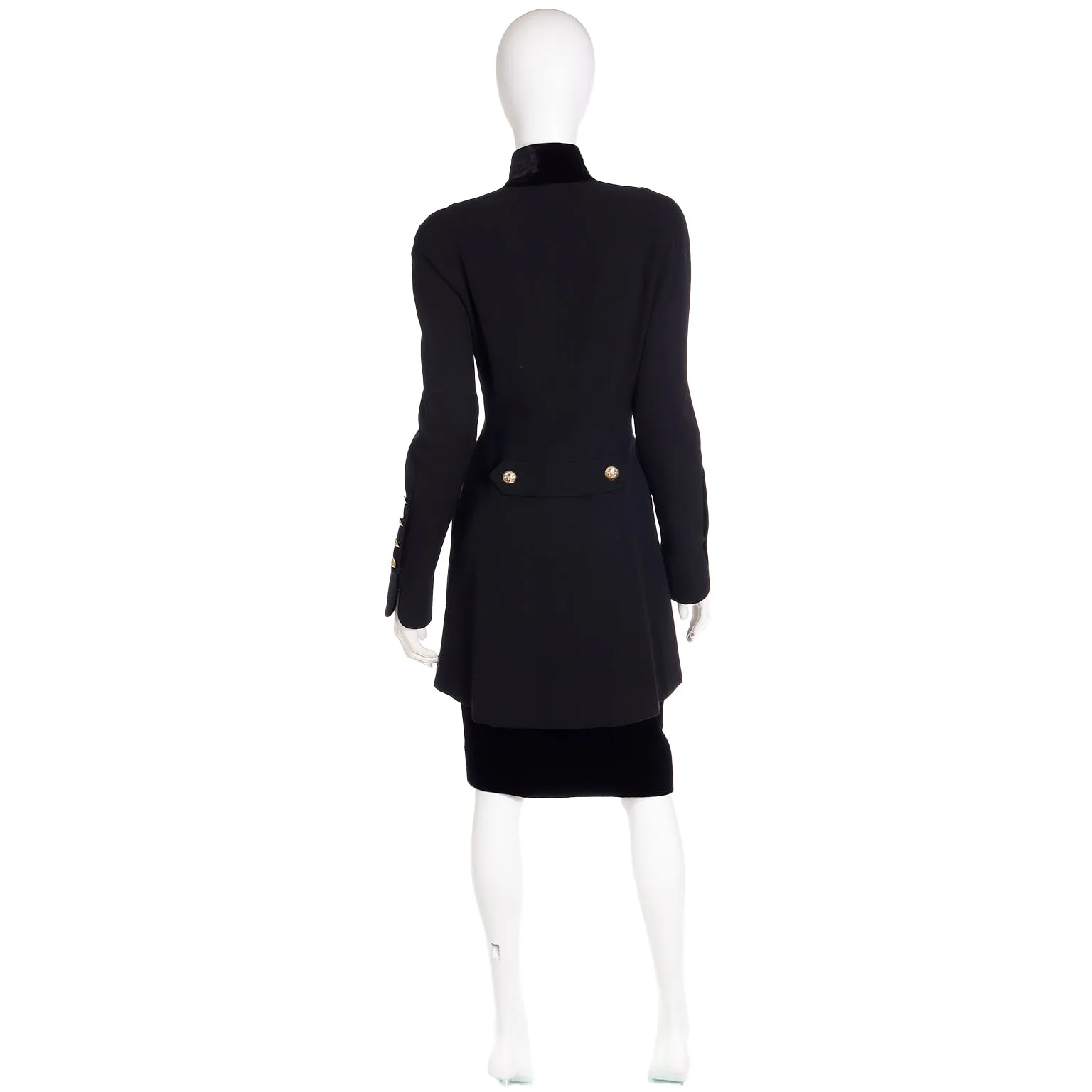 1989 Chanel Military Style Wool & Velvet Jacket Skirt Suit w CC Buttons