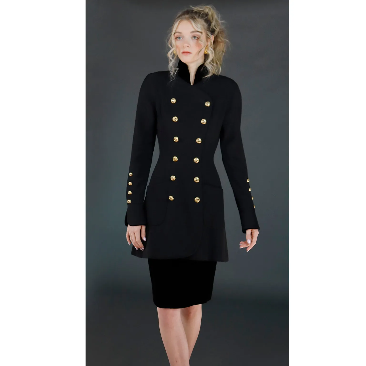 1989 Chanel Military Style Wool & Velvet Jacket Skirt Suit w CC Buttons