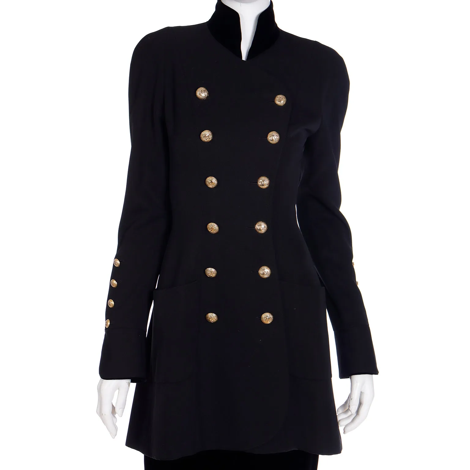 1989 Chanel Military Style Wool & Velvet Jacket Skirt Suit w CC Buttons