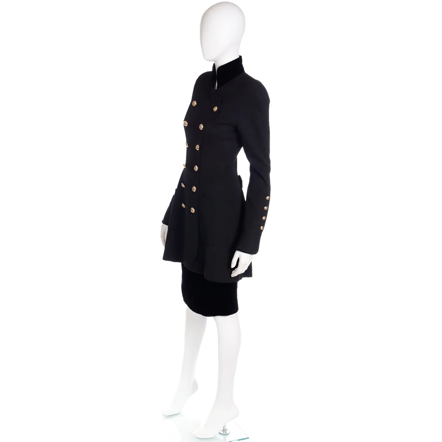 1989 Chanel Military Style Wool & Velvet Jacket Skirt Suit w CC Buttons