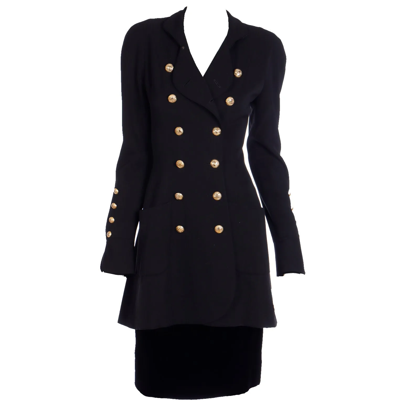 1989 Chanel Military Style Wool & Velvet Jacket Skirt Suit w CC Buttons