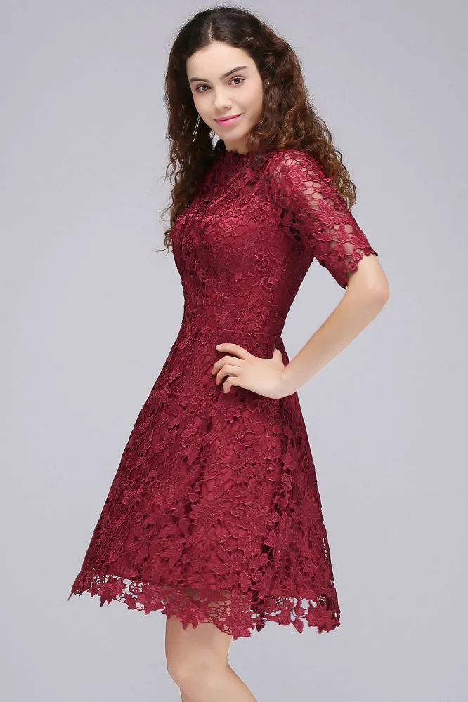 A-Line Halter Short Lace Burgundy Homecoming Dresses