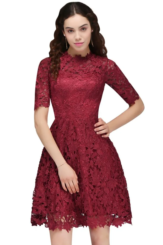 A-Line Halter Short Lace Burgundy Homecoming Dresses