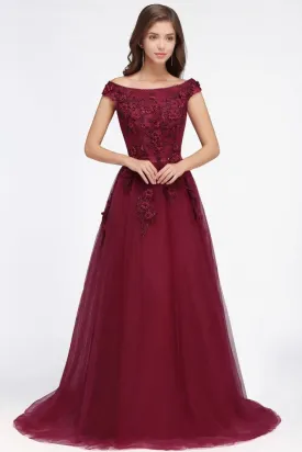 A-line Off-shoulder Floor-length Tulle Appliques Prom Dresses