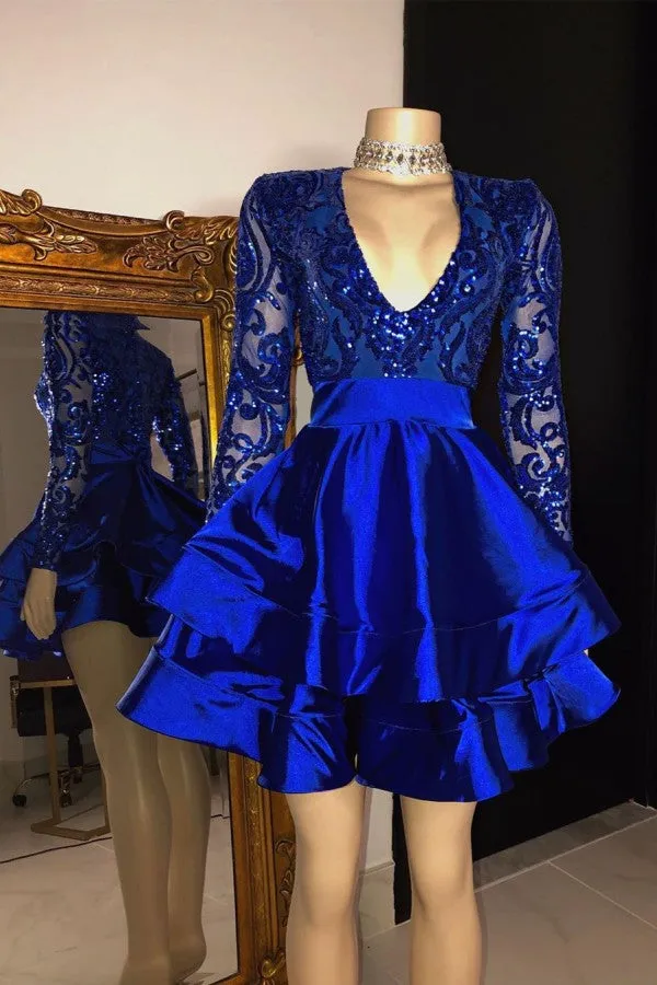 A-line V-neck Layers Sequins Short Prom Dress with Sleeves