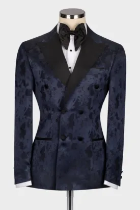 Alfred Dark Navy Jacquard Peaked Lapel Double Breasted Wedding Suit for Men