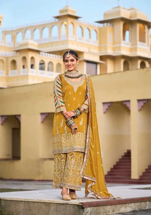 Alluring Yellow Color Silk Embroidery Work Kurti Palazzo Pant With Dupatta