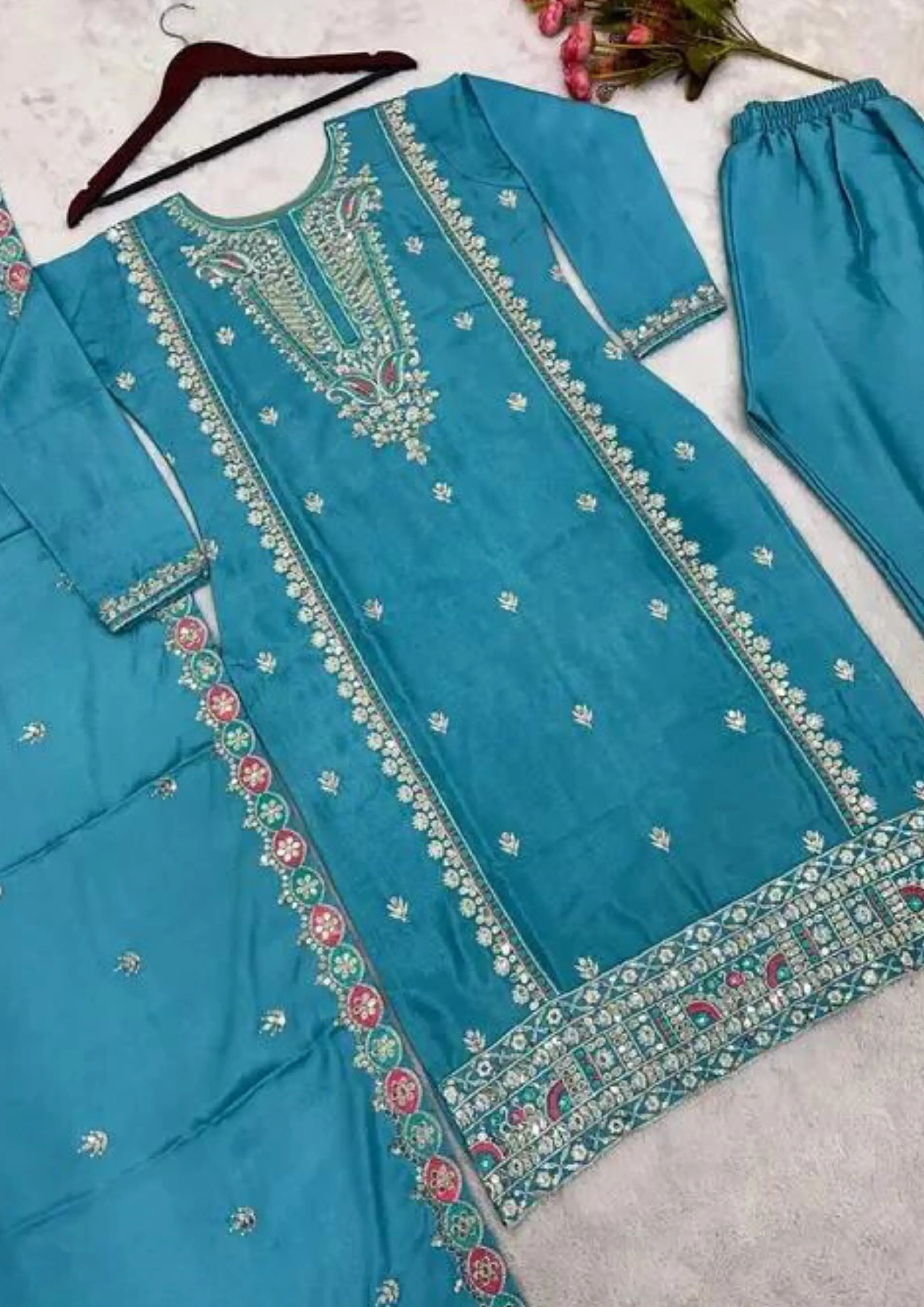 Appealing Blue Color Pure Chinon Silk Heavy Embroidery Work Salwar Suits For Women