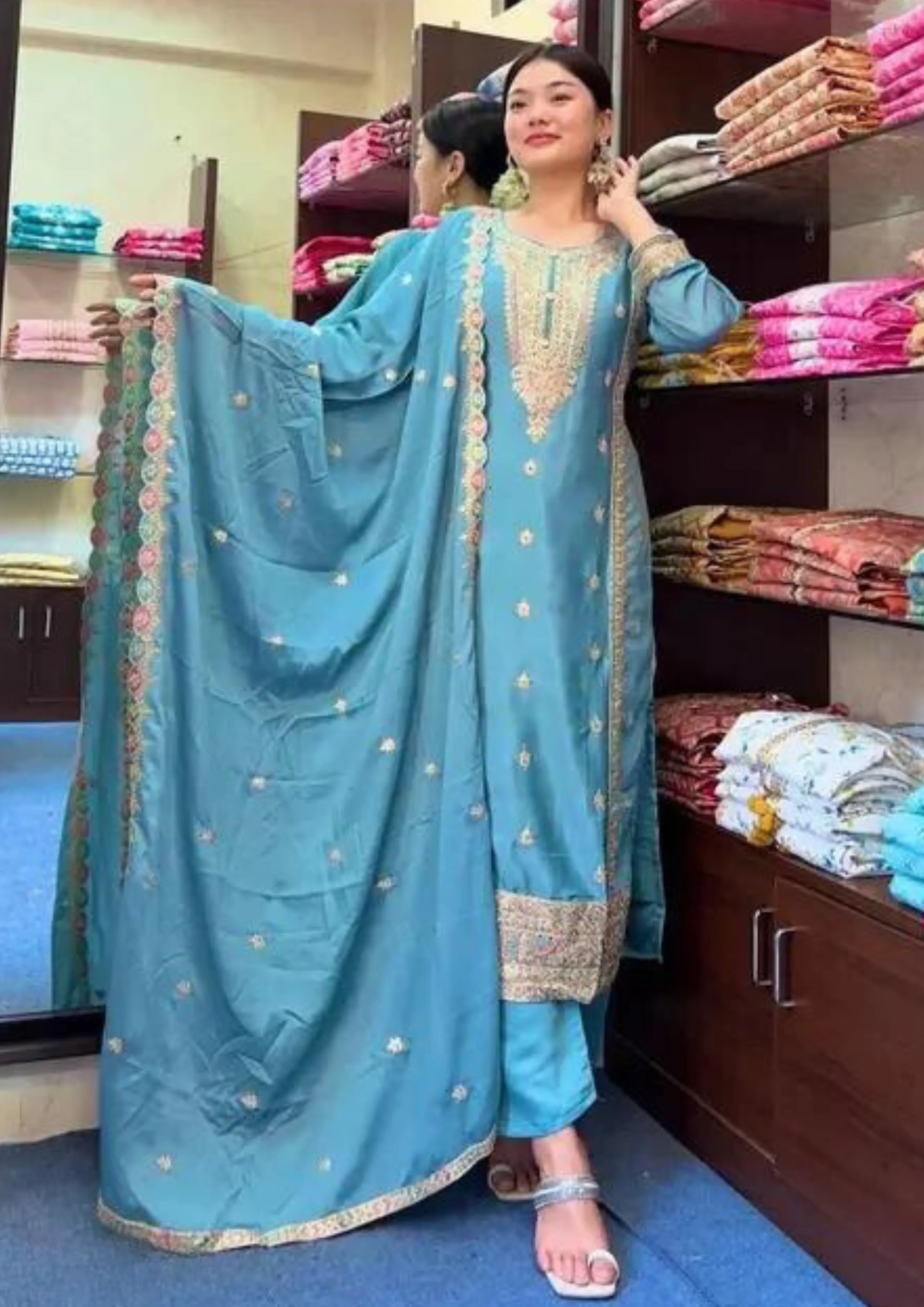 Appealing Blue Color Pure Chinon Silk Heavy Embroidery Work Salwar Suits For Women