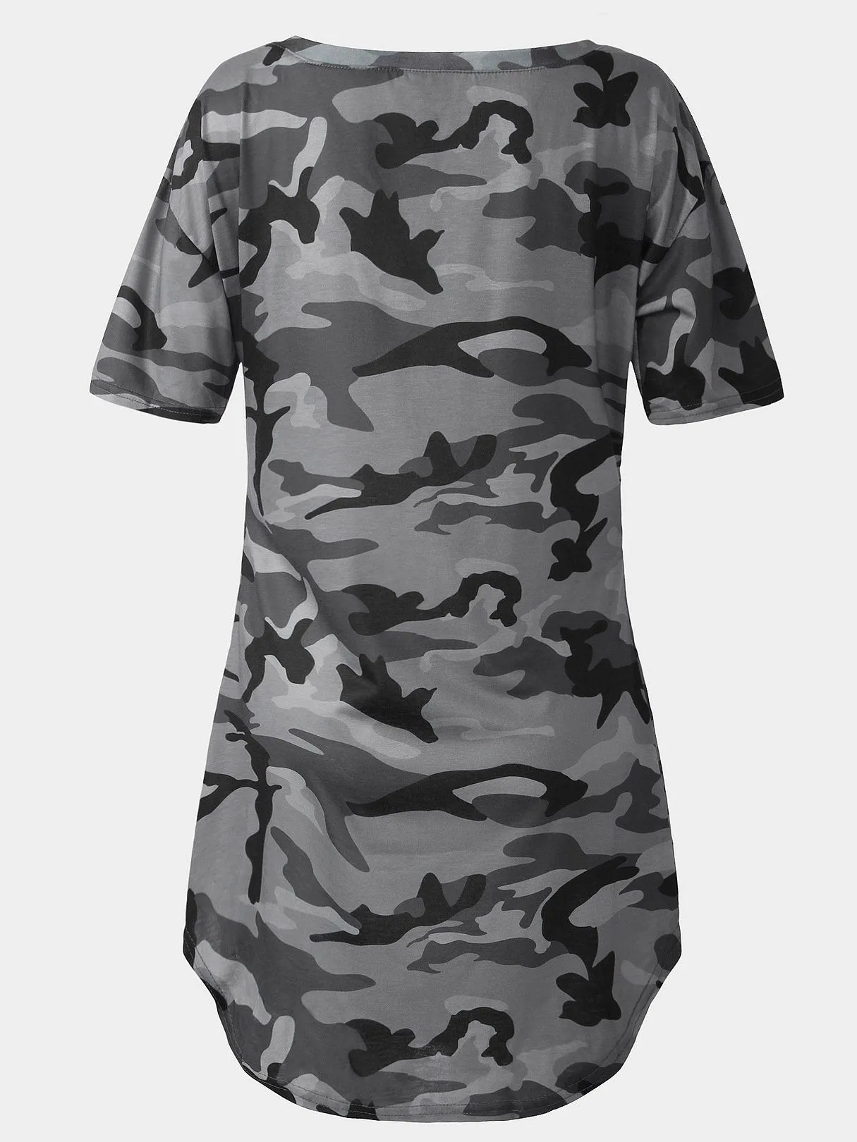 Army Green Round Neck One Shoulder Short Sleeve Camouflage Curved Hem Casual Dress