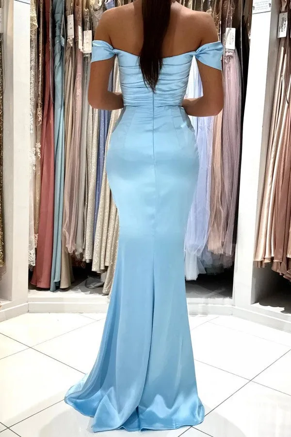 Biztunnel Simple Sky Blue Long Mermaid Off the Shoulder Satin Prom Dress with Slit