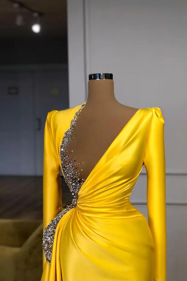 Bright Yellow V-neck Metallic Sequin Long sleeves Prom Dress