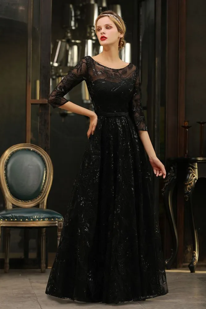 Charming Black Half Sleeves Tulle Sequins Evening Dress 20s Aline Prom Dress