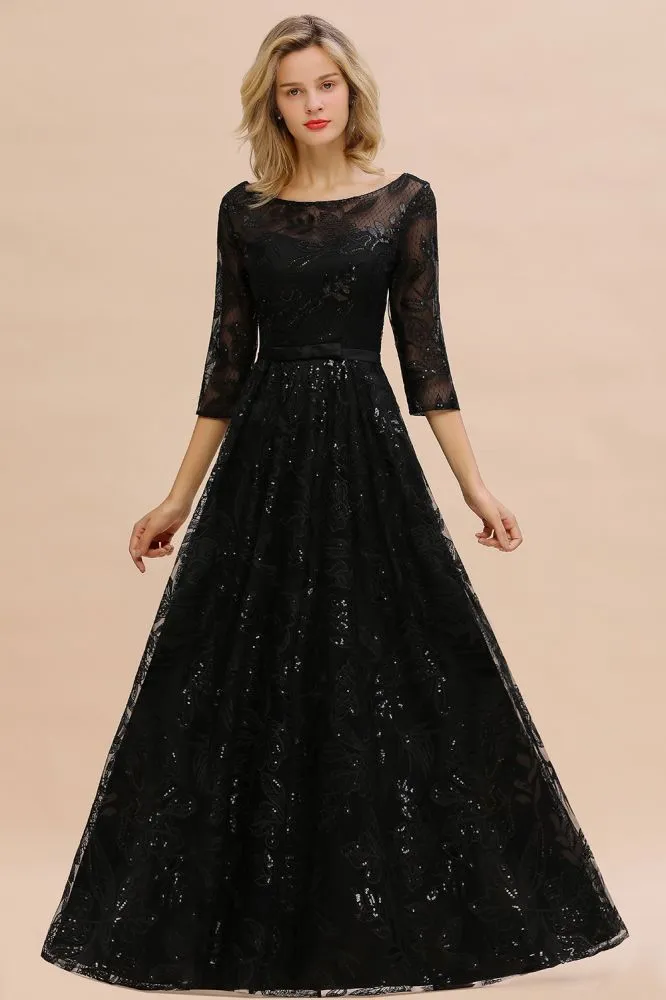 Charming Black Half Sleeves Tulle Sequins Evening Dress 20s Aline Prom Dress