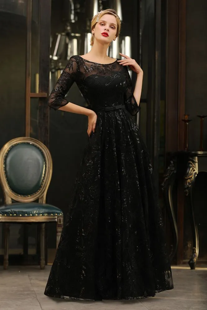 Charming Black Half Sleeves Tulle Sequins Evening Dress 20s Aline Prom Dress