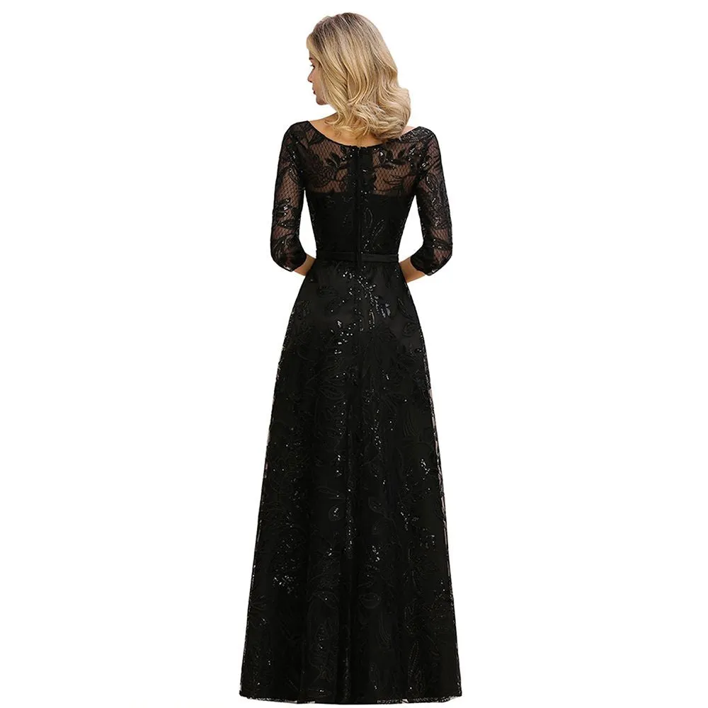 Charming Black Half Sleeves Tulle Sequins Evening Dress 20s Aline Prom Dress