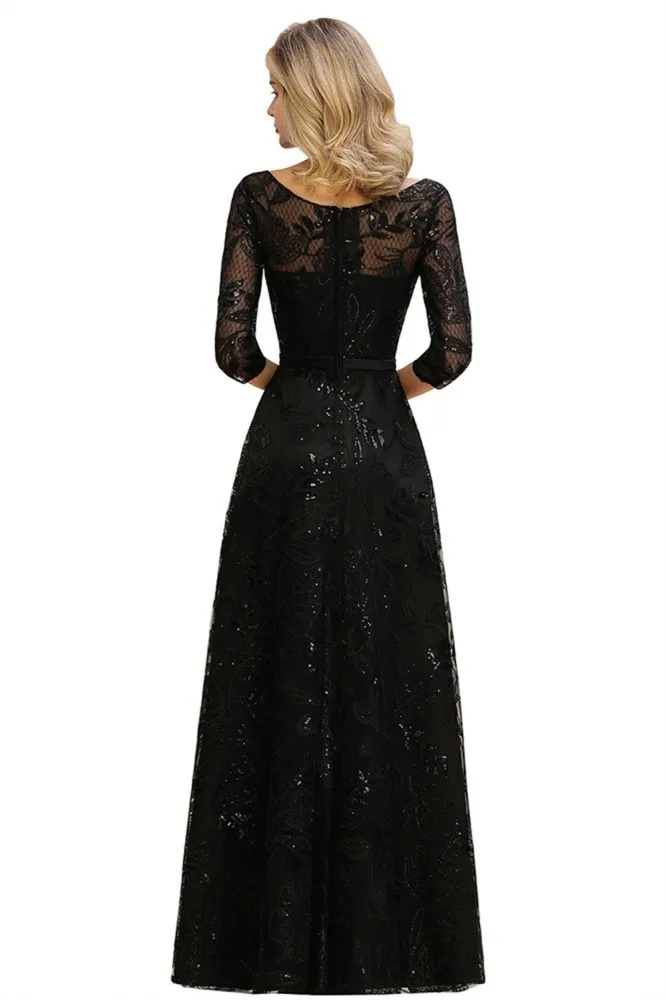 Charming Black Half Sleeves Tulle Sequins Evening Dress 20s Aline Prom Dress