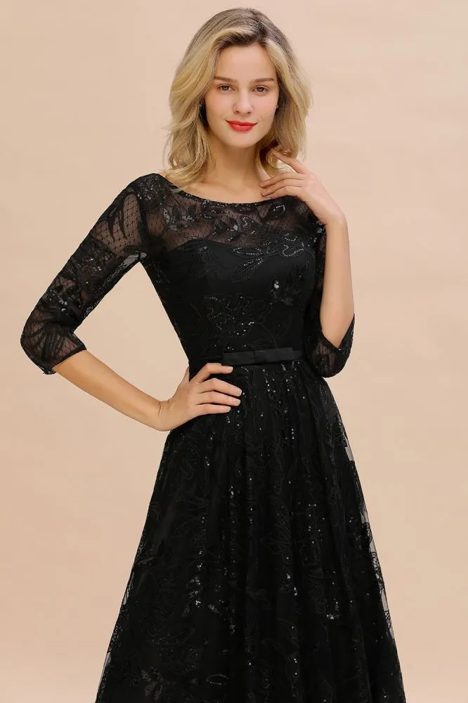 Charming Black Half Sleeves Tulle Sequins Evening Dress 20s Aline Prom Dress