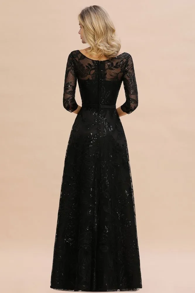 Charming Black Half Sleeves Tulle Sequins Evening Dress 20s Aline Prom Dress