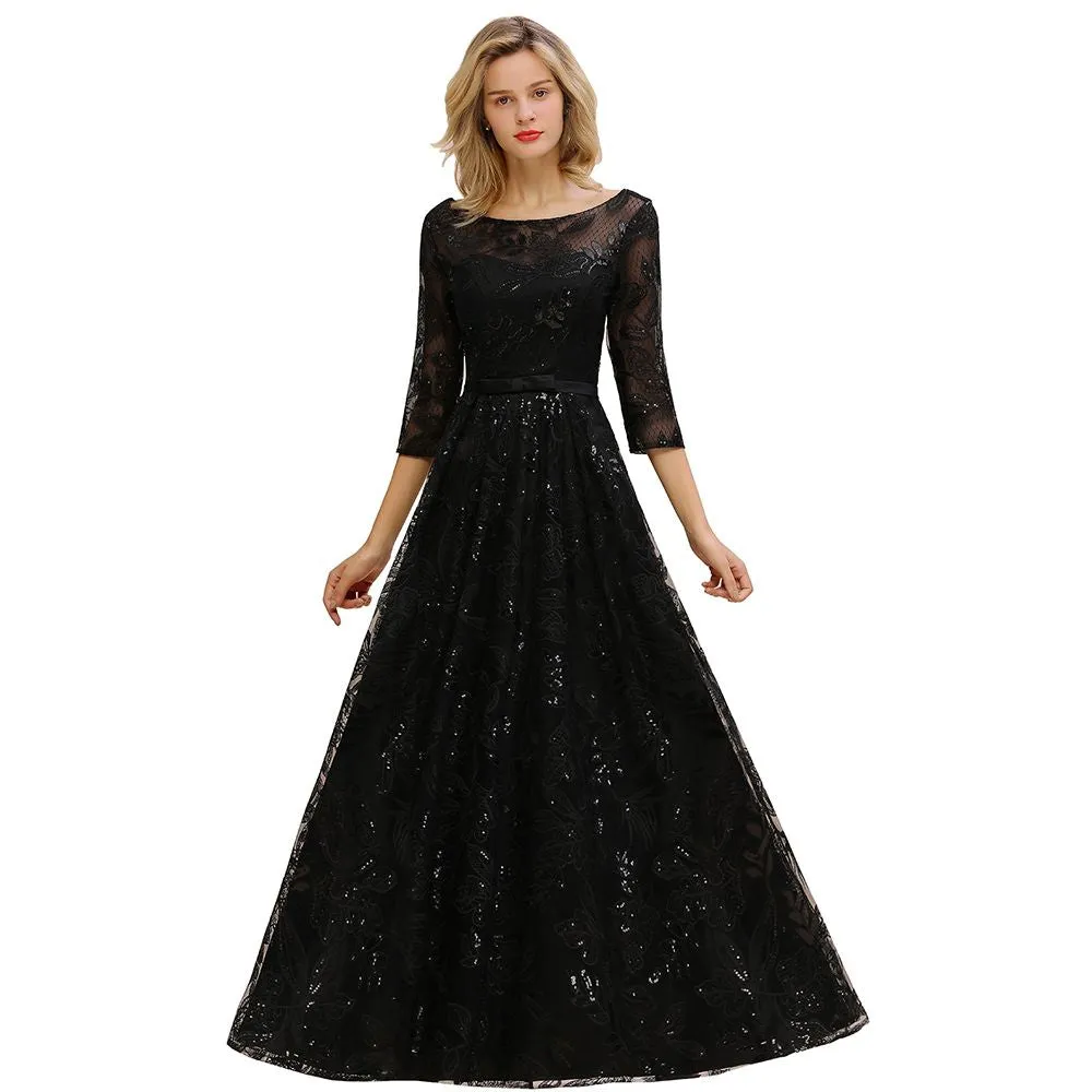 Charming Black Half Sleeves Tulle Sequins Evening Dress 20s Aline Prom Dress