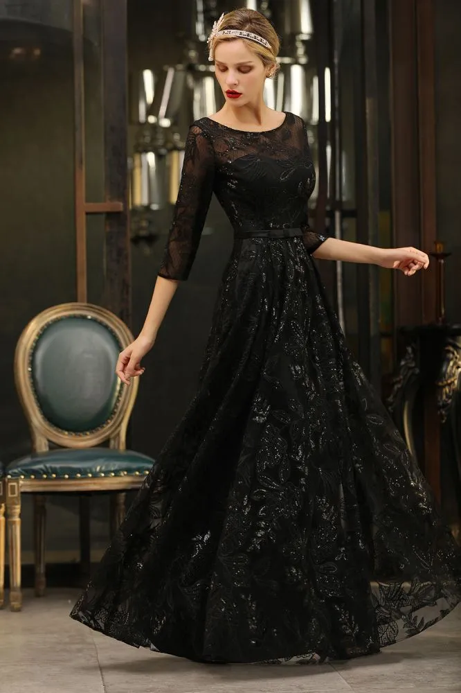 Charming Black Half Sleeves Tulle Sequins Evening Dress 20s Aline Prom Dress