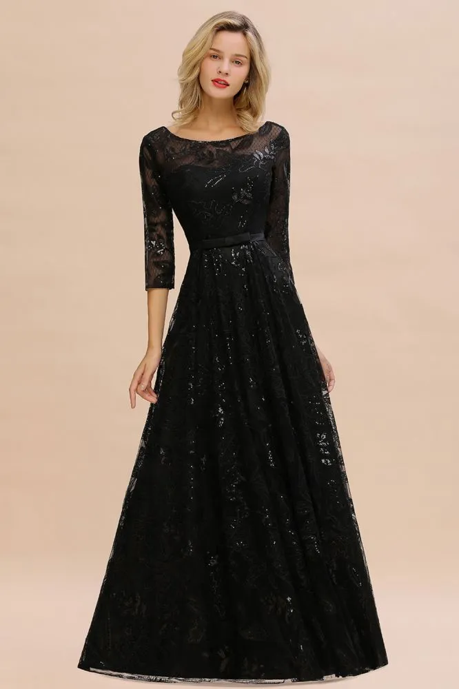 Charming Black Half Sleeves Tulle Sequins Evening Dress 20s Aline Prom Dress