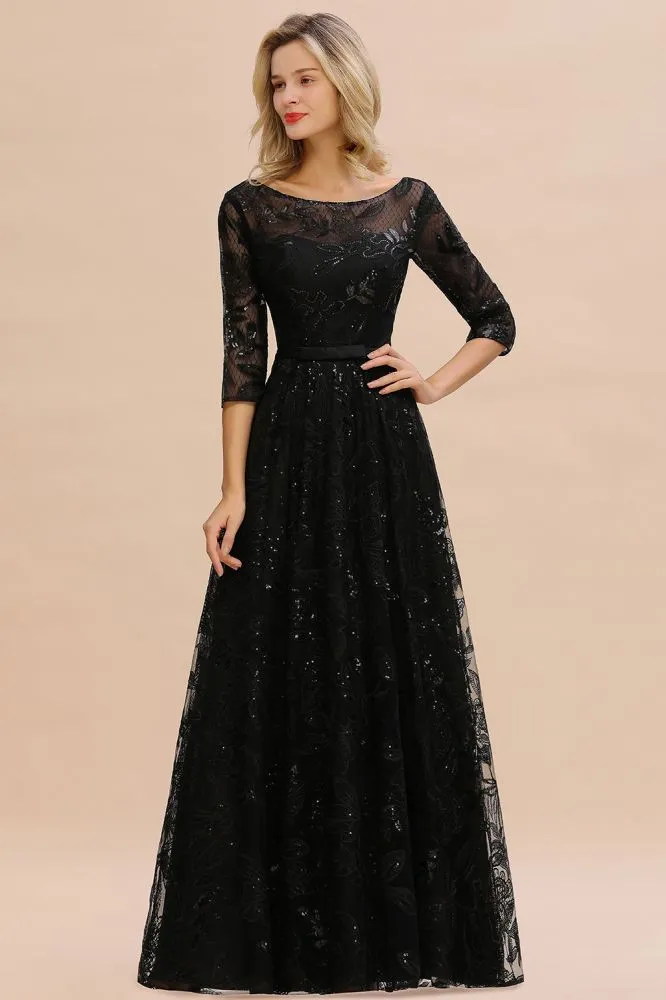 Charming Black Half Sleeves Tulle Sequins Evening Dress 20s Aline Prom Dress