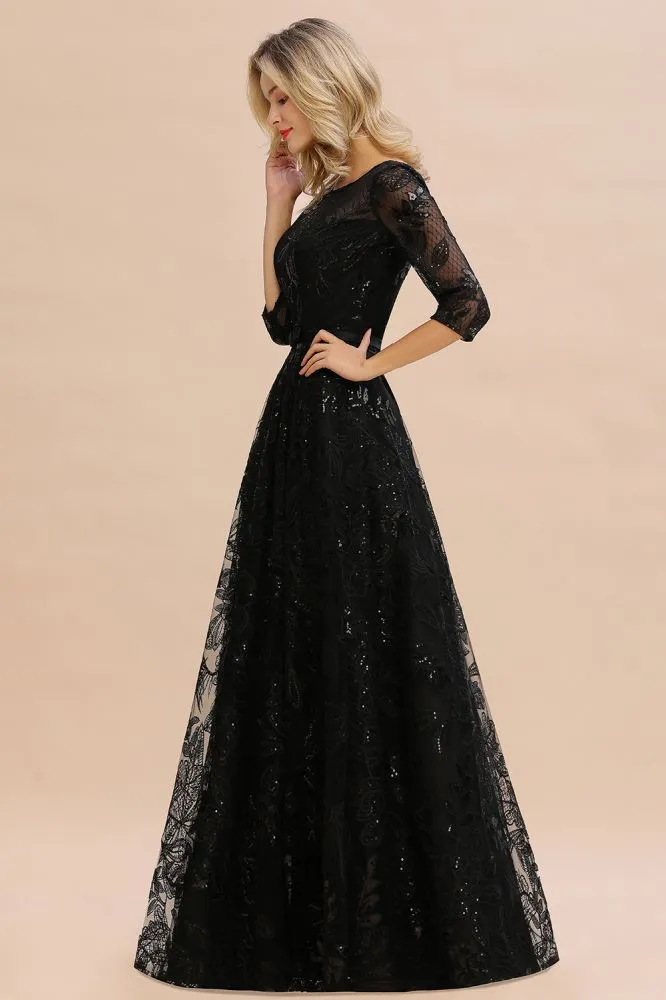 Charming Black Half Sleeves Tulle Sequins Evening Dress 20s Aline Prom Dress