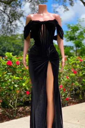 Charming Black Long Mermaid Off the Shoulder Velvet Prom Dress with Slit