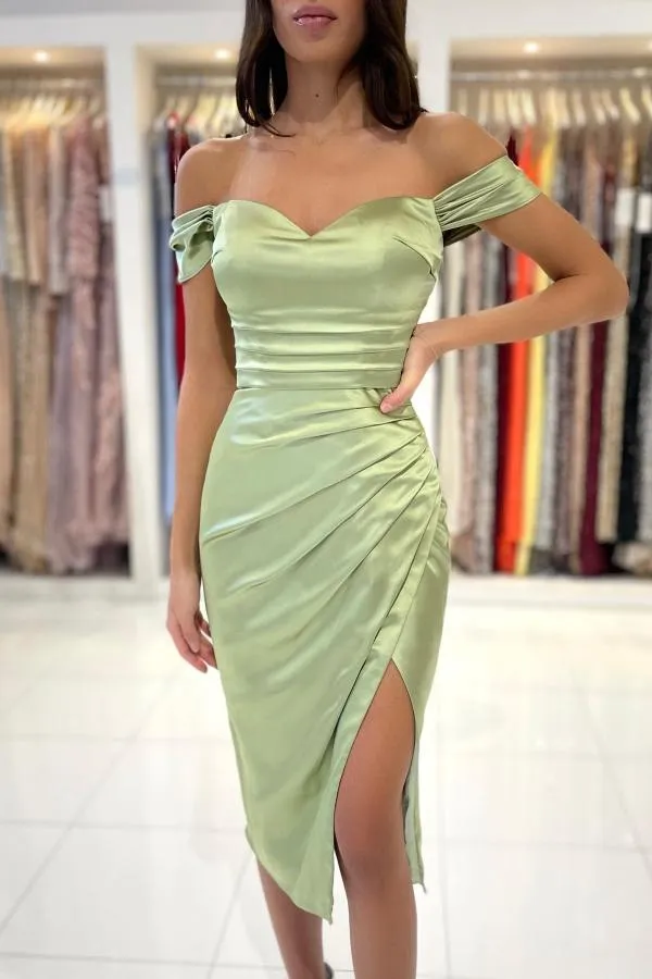 Chic Sage Short Mermaid Off the Shoulder Satin Prom Dresses with Slit