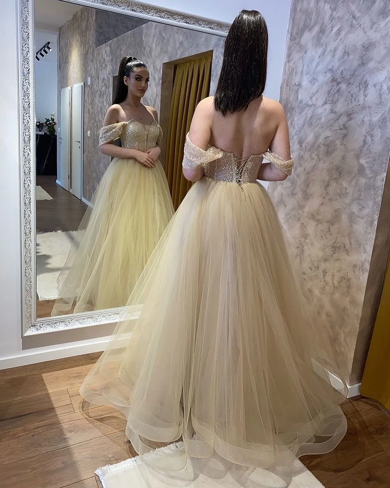 Classy Long A-Line Sweetheart Off-the-shoulder Beading Tulle Wedding Dress