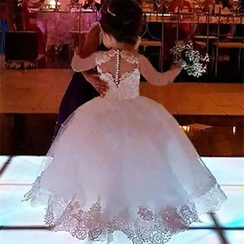 Cute Ball Gown Long Sleeves Tulle Flower Girl Dress with Lace Appliques