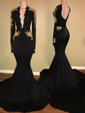 Deep V Neck Backless Long Sleeve Satin Black Mermaid Appliques 2024 Prom Dresses