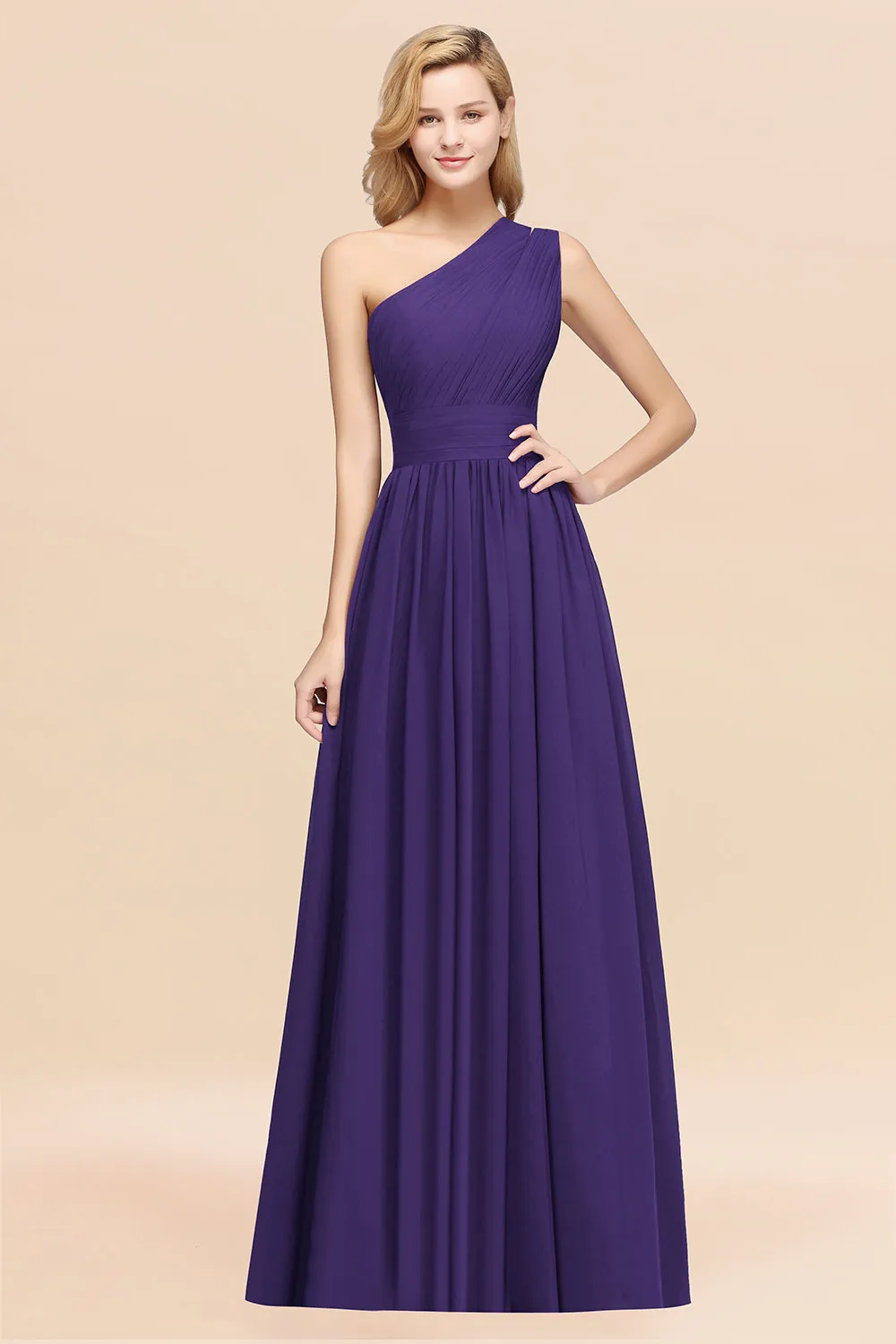 Elegant A-Line Chiffon One Shoulder Ruffles Long Bridesmaid Dresses