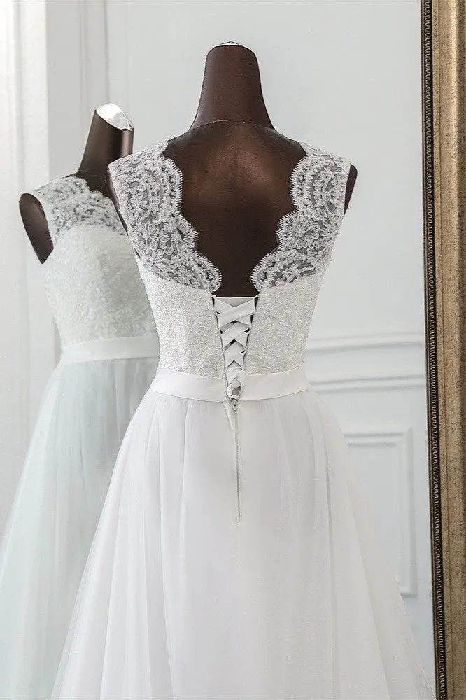 Elegant Long A-line Jewel Tulle Appliques Lace Wedding Dress