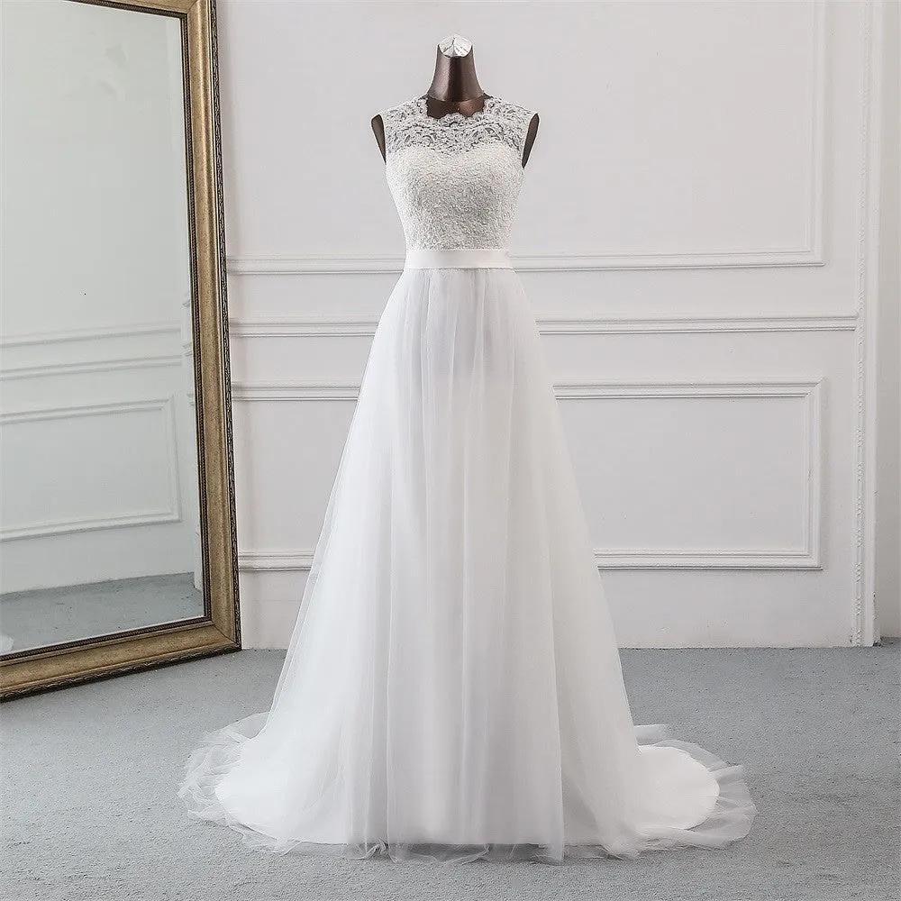 Elegant Long A-line Jewel Tulle Appliques Lace Wedding Dress