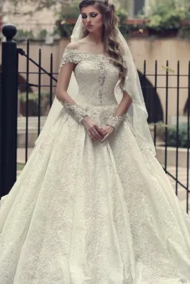 Elegant Long A-Line Off-the-Shoulder Backless Appliques Lace Wedding Dress with Sleeves