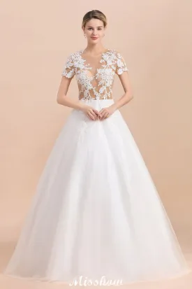 Elegant Short Sleeve Ball Gown White Lace Appliques Wedding Dress