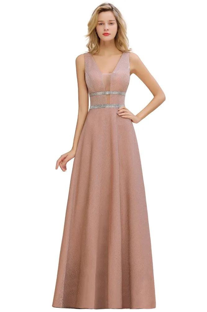 Elegant Sleeveless Aline Evening Swing Dress Bright Silk V-Neck Party Dress