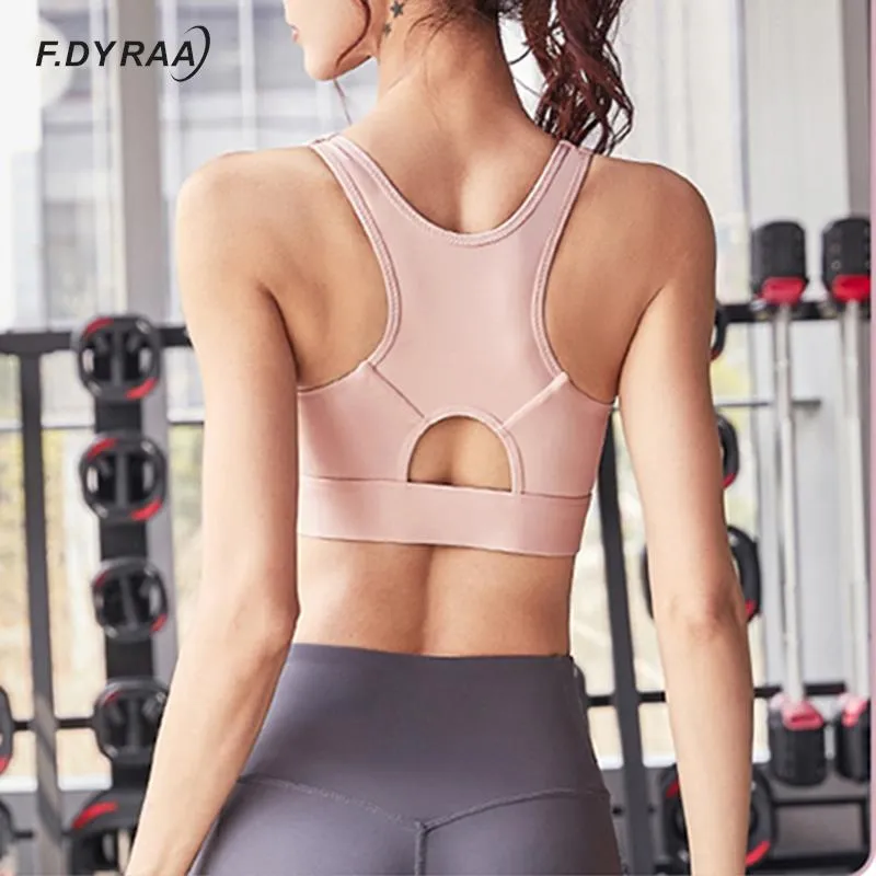 F.DYRAA Sports Gym Bra Women Front Zipper Gym Yoga Top Shockproof Gathered Sports Bra Athletic Vest Back Hollow Out Sportswear