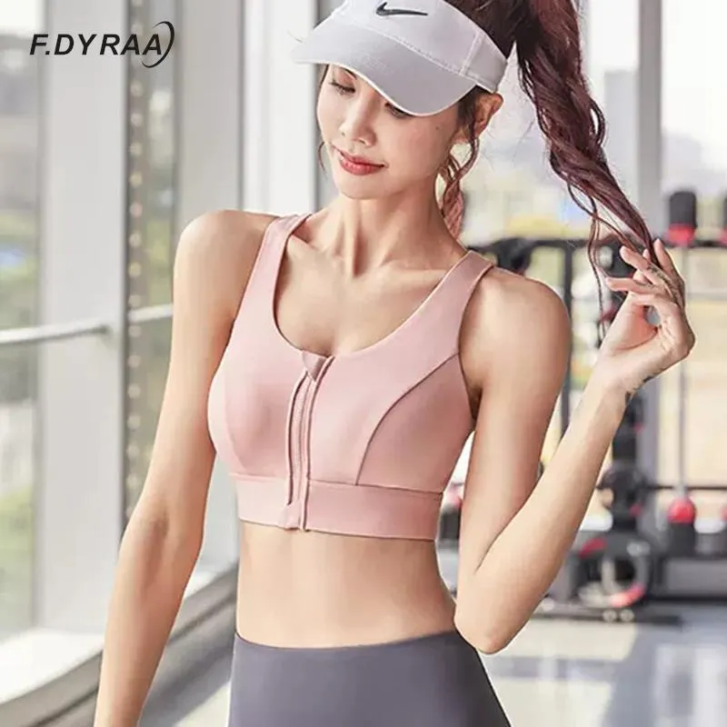 F.DYRAA Sports Gym Bra Women Front Zipper Gym Yoga Top Shockproof Gathered Sports Bra Athletic Vest Back Hollow Out Sportswear