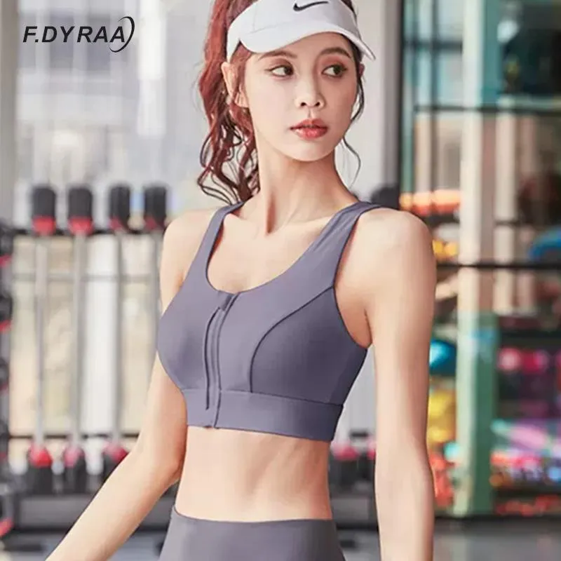 F.DYRAA Sports Gym Bra Women Front Zipper Gym Yoga Top Shockproof Gathered Sports Bra Athletic Vest Back Hollow Out Sportswear