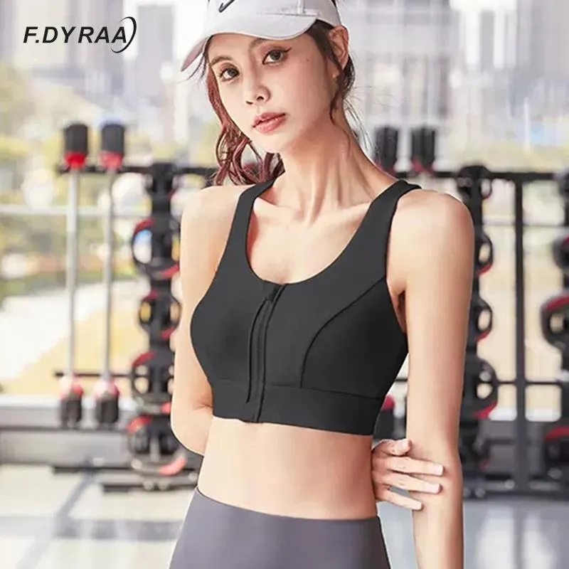 F.DYRAA Sports Gym Bra Women Front Zipper Gym Yoga Top Shockproof Gathered Sports Bra Athletic Vest Back Hollow Out Sportswear