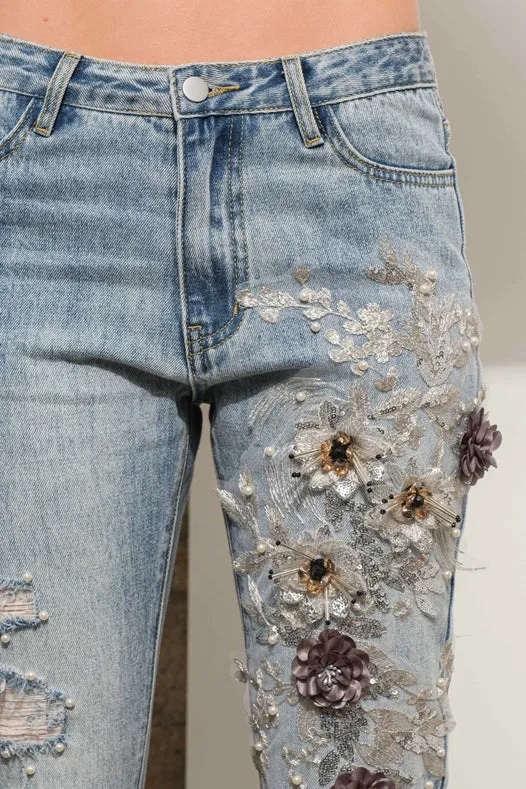 Garment Washed Flower Embellished 3D Denim Jeans