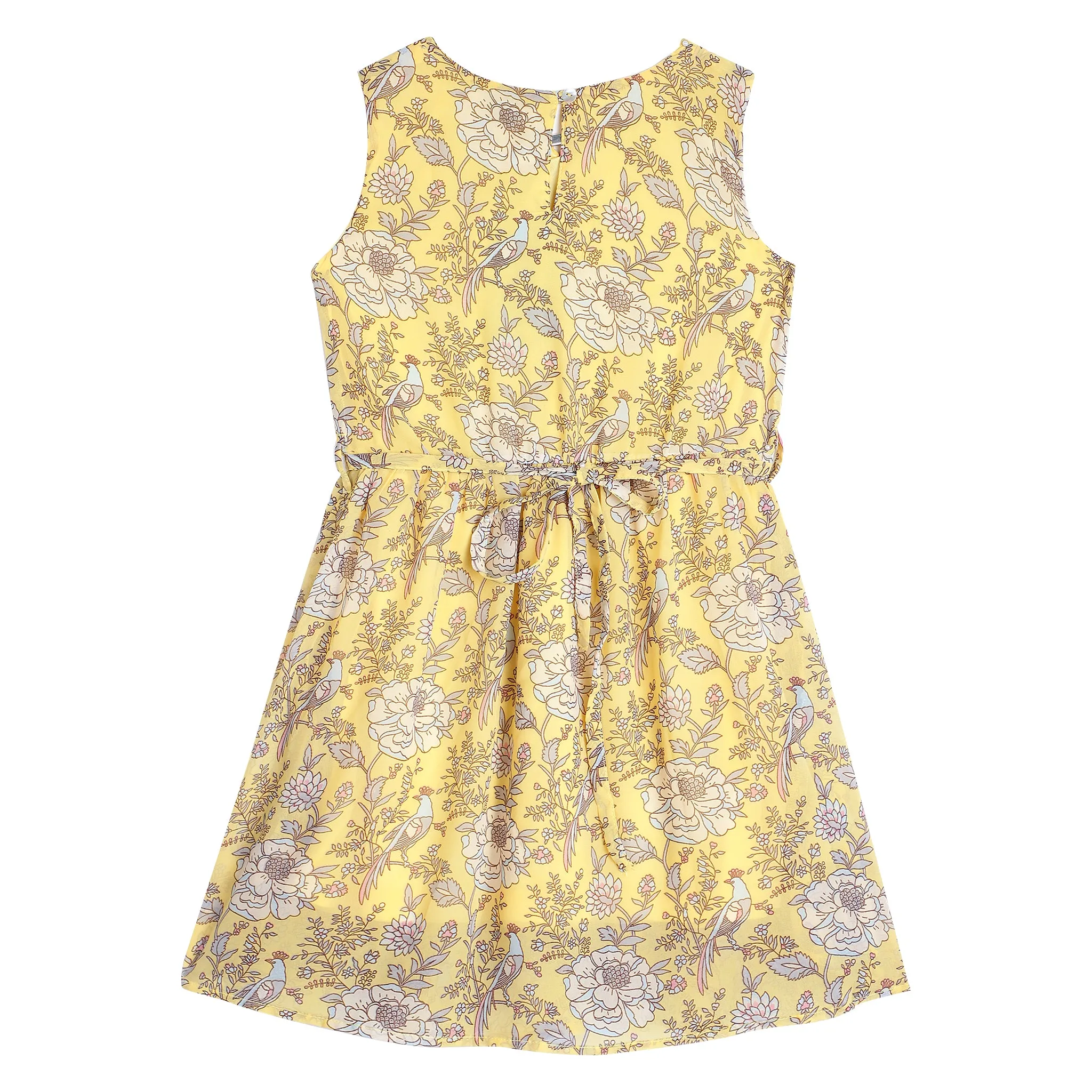 Girls Yellow Floral Printed Sleeveless Dress